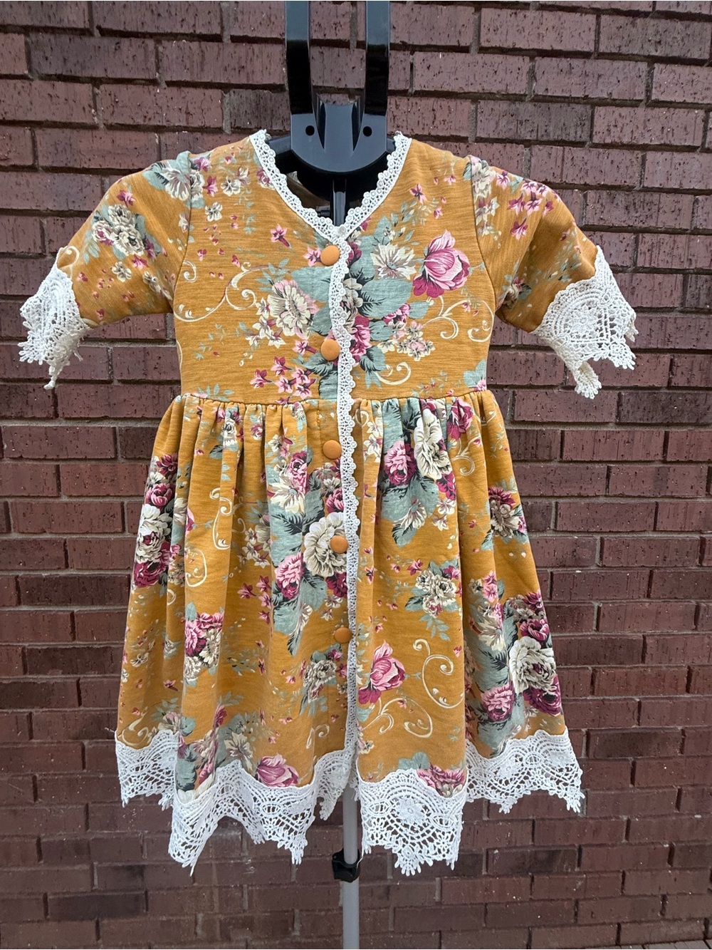 Trish Scully Girls Mustard Floral Lace Cottagecore Fall Photo Dress Size 8 EUC